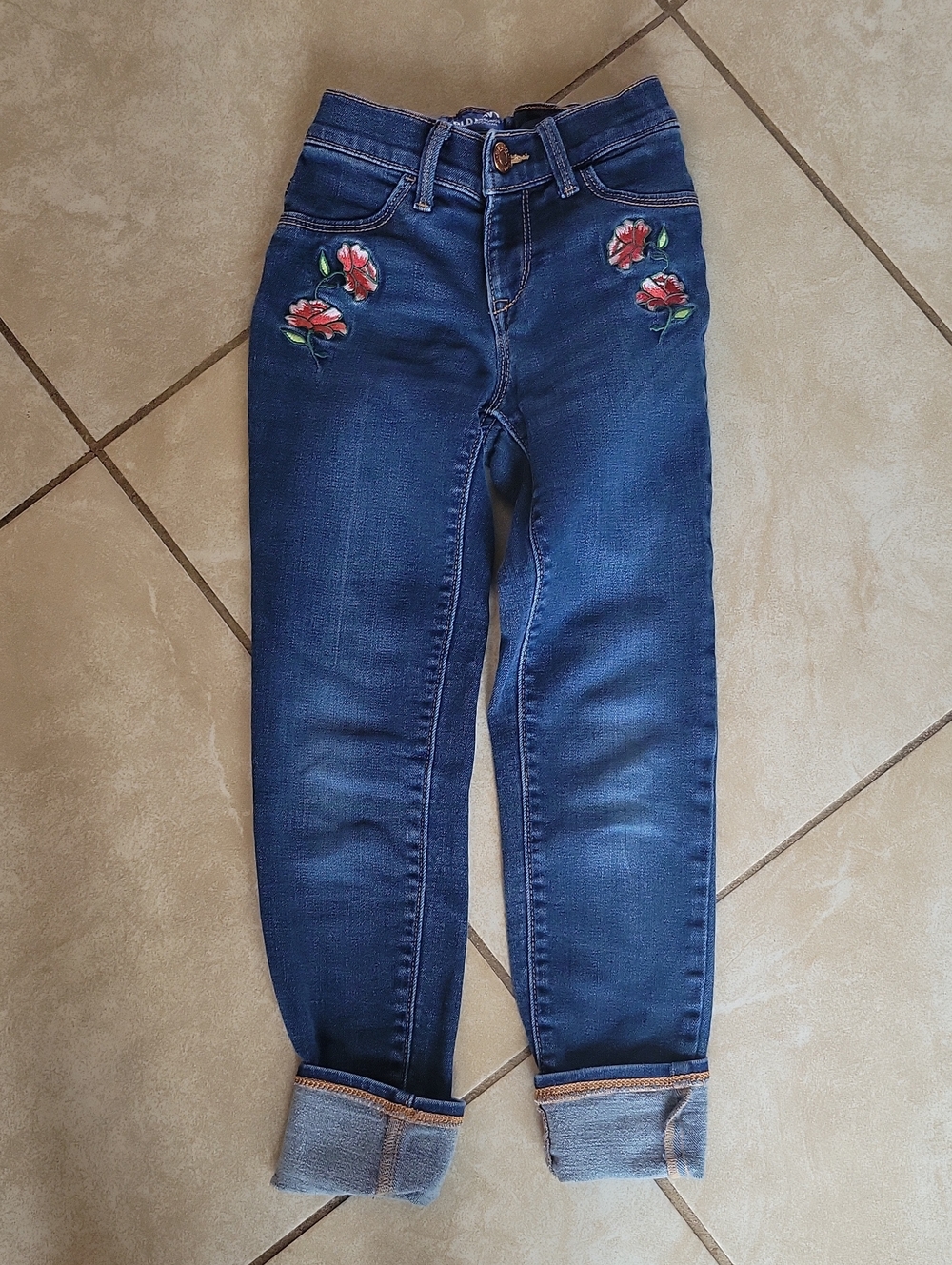 Old Navy Dark Blue Skinny Jeans with Pink Floral Embroidery